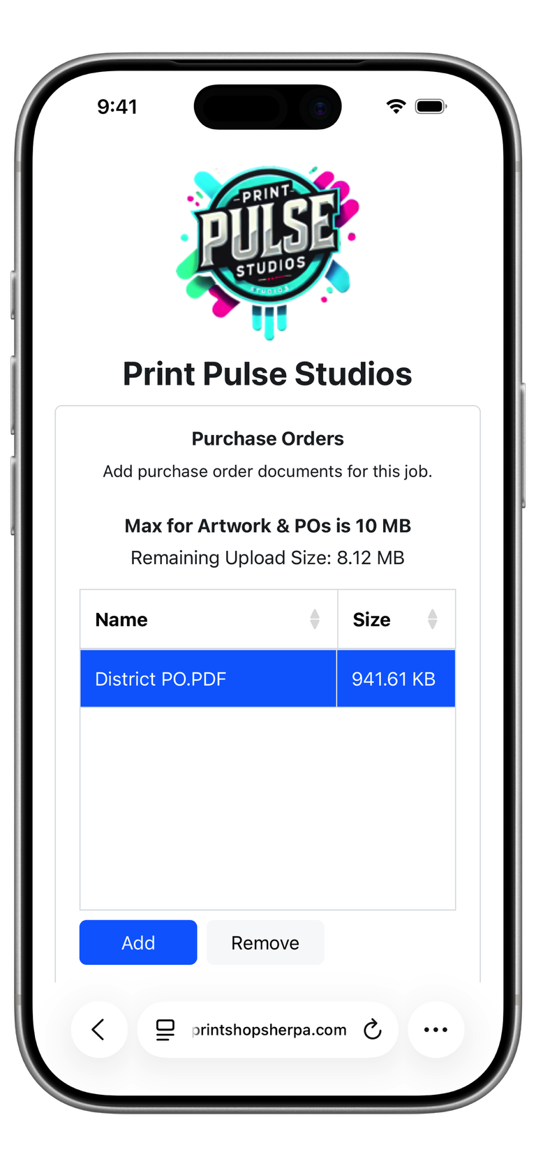 Purchase Order Top Screenshot